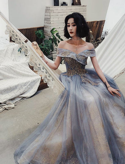 Off-Shoulder Embroidered A-Line Gown