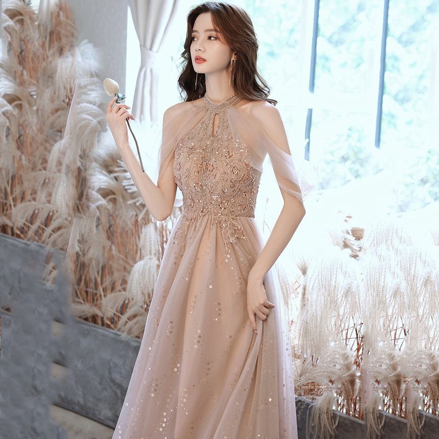 Cold Shoulder Glitter A-Line Gown