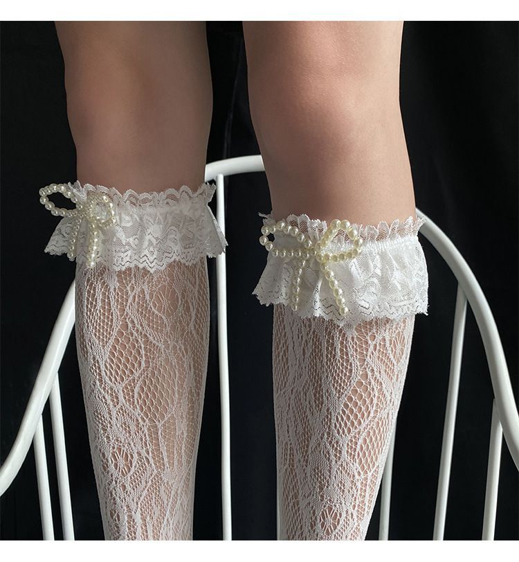 Faux Pearl Bow Accent Lace Socks