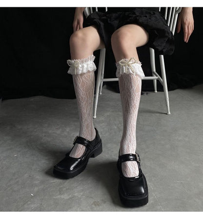 Faux Pearl Bow Accent Lace Socks