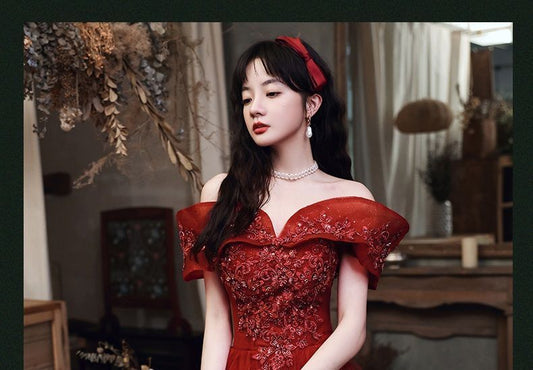 Off-Shoulder Flower Embroidered A-Line Evening Gown