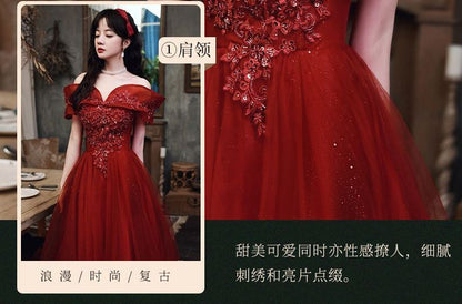 Off-Shoulder Flower Embroidered A-Line Evening Gown