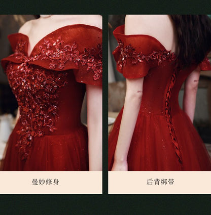 Off-Shoulder Flower Embroidered A-Line Evening Gown