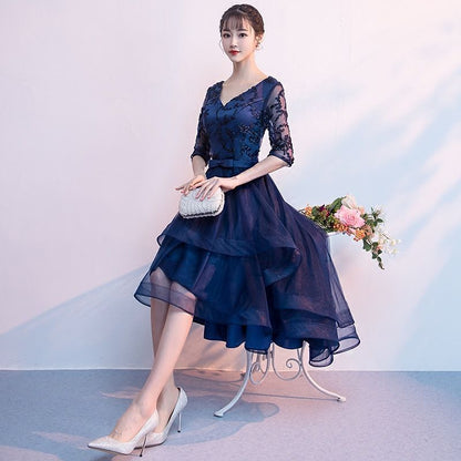 Elbow-Sleeve Mesh High-Low Prom Dress