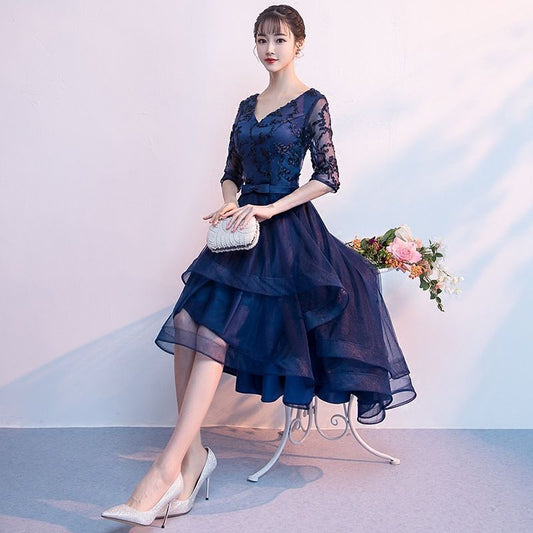 Elbow-Sleeve Mesh High-Low Prom Dress