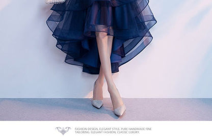 Elbow-Sleeve Mesh High-Low Prom Dress