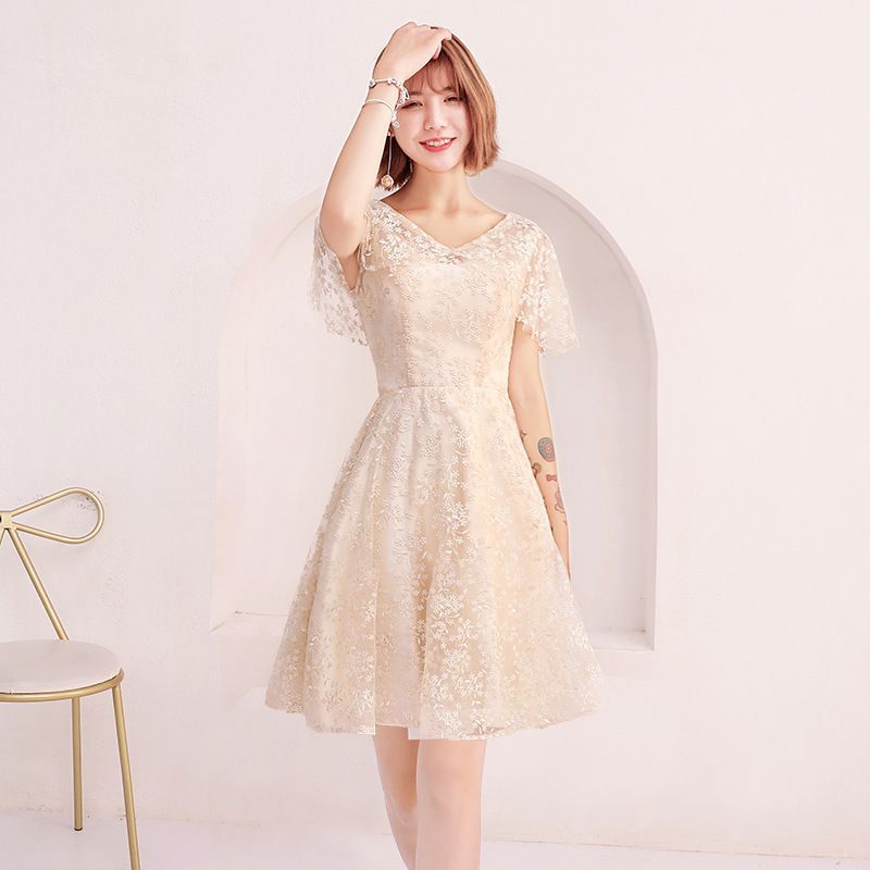 Short-Sleeve V-Neck A-Line Prom Dress