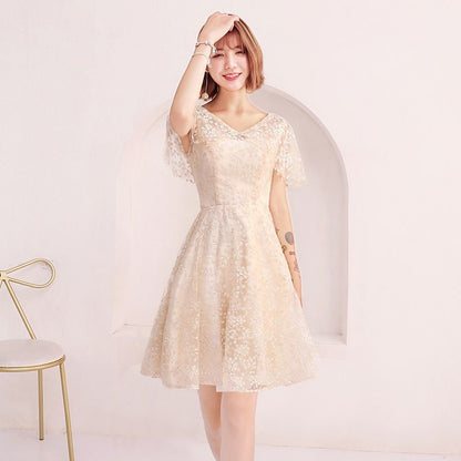 Short-Sleeve V-Neck A-Line Prom Dress