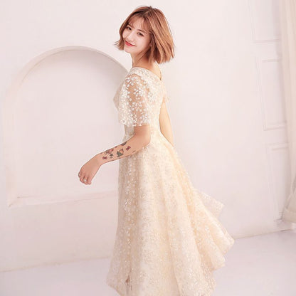 Short-Sleeve V-Neck A-Line Prom Dress