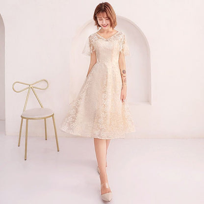 Short-Sleeve V-Neck A-Line Prom Dress