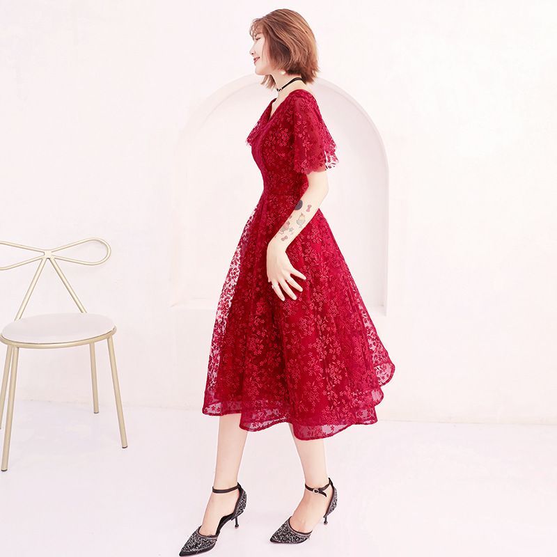 Short-Sleeve V-Neck A-Line Prom Dress