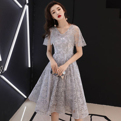 Short-Sleeve V-Neck A-Line Prom Dress