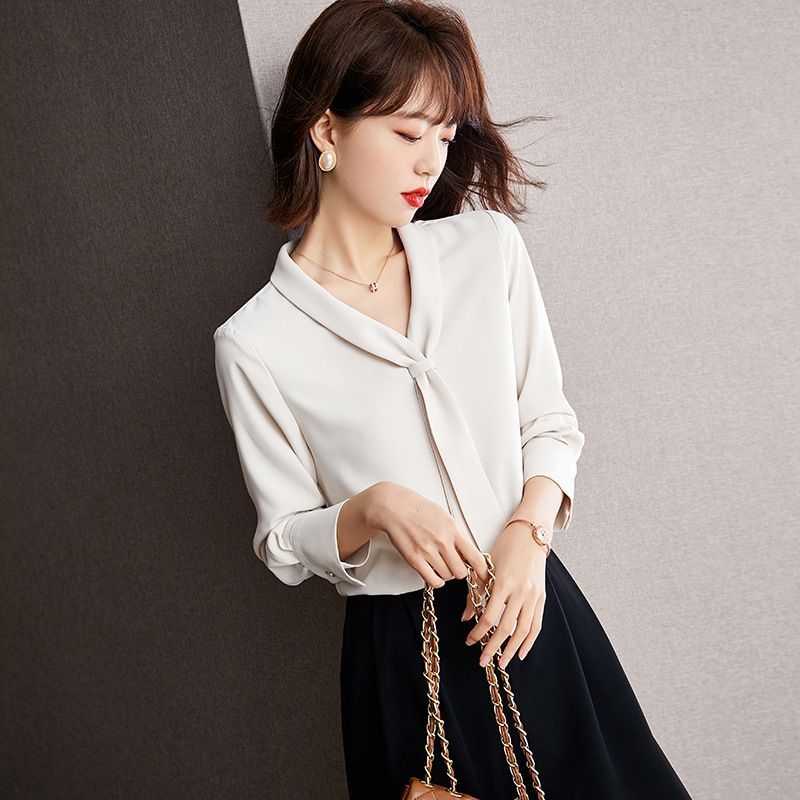 Long Sleeve Knotted Neck Chiffon Blouse