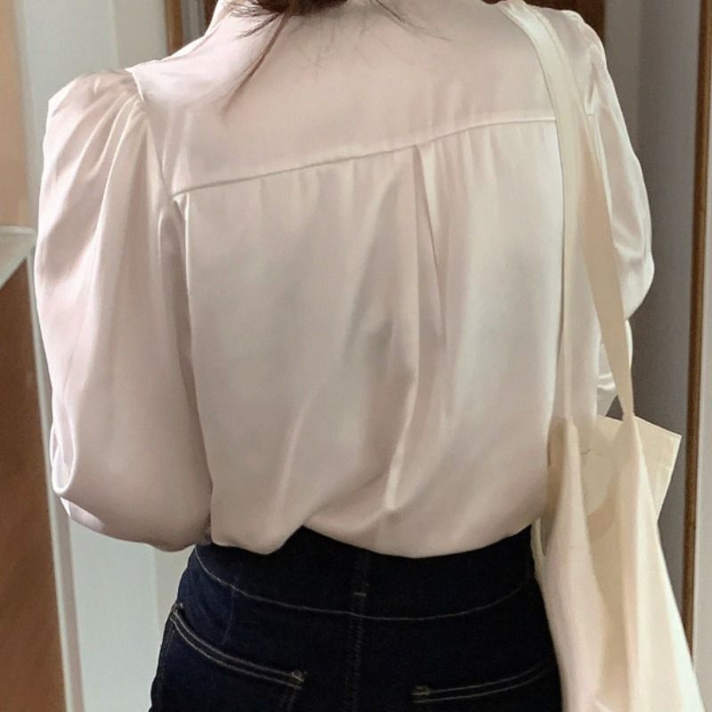 Puff Sleeve Plain Silk Blouse