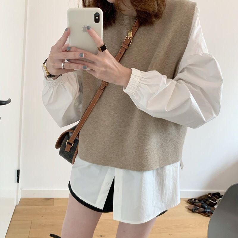 Long Sleeve Round Neck Plain Blouse / Plain Knit Vest