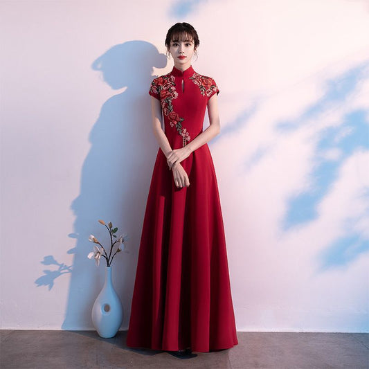 Short-Sleeve Floral Embroidered Qipao Evening Gown