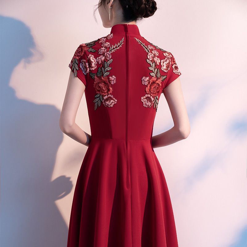 Short-Sleeve Floral Embroidered Qipao Evening Gown
