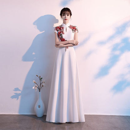 Short-Sleeve Floral Embroidered Qipao Evening Gown