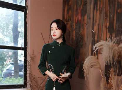 3/4 Sleeve Embroidered Qipao Dress