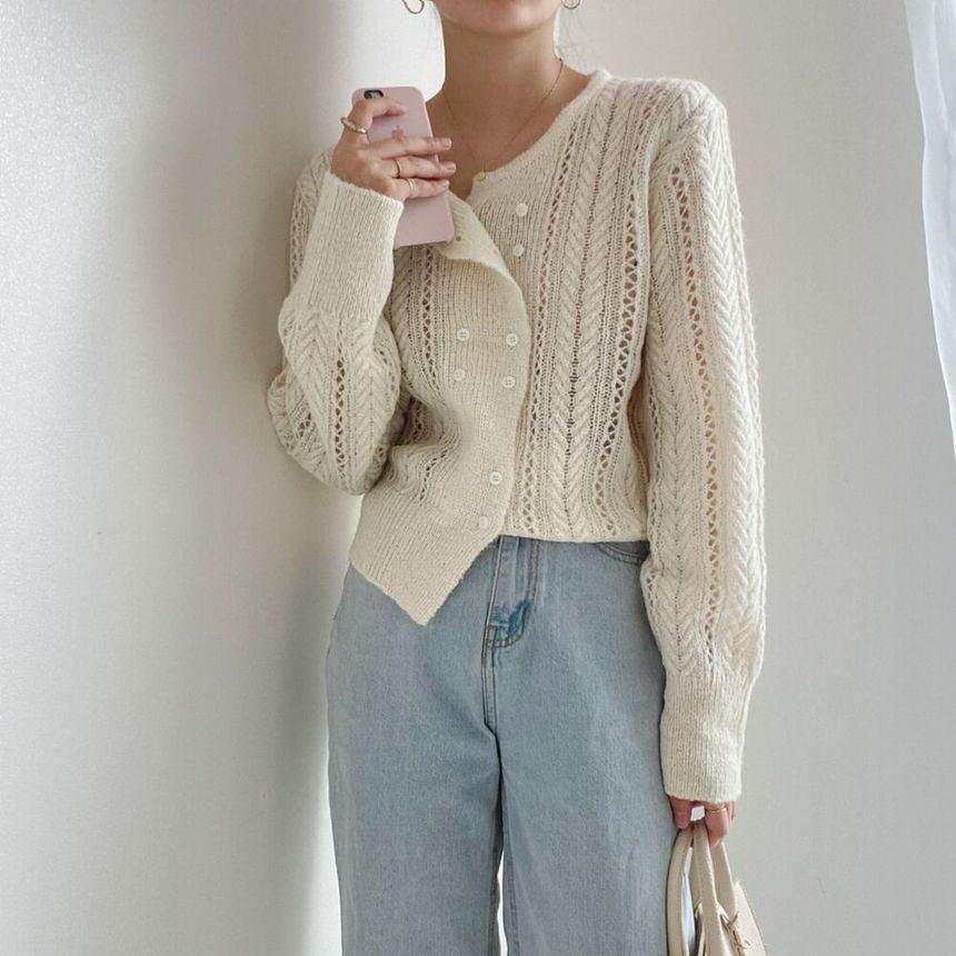 Double-Breasted Pointelle-Knit Cardigan