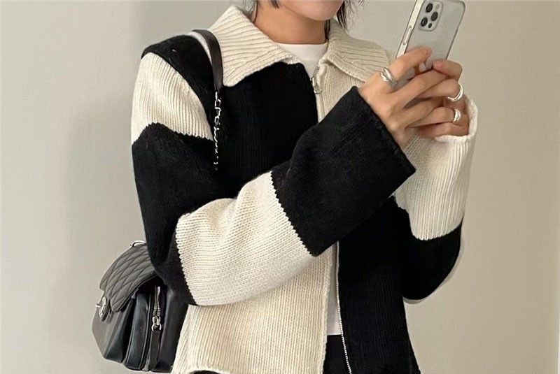 Double-Ended Zip Color Block Lattice Knit Cardigan