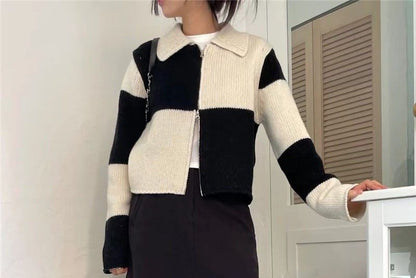 Double-Ended Zip Color Block Lattice Knit Cardigan