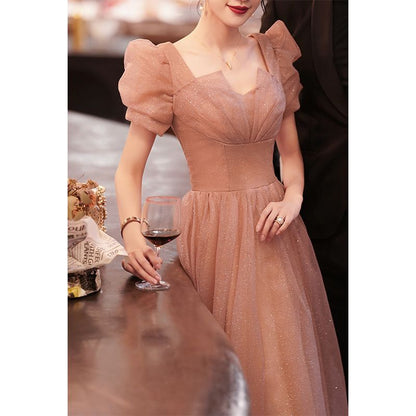 Puff-Sleeve Mesh A-Line Evening Gown