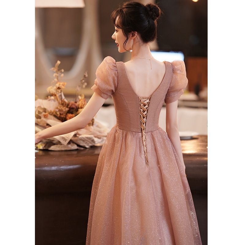 Puff-Sleeve Mesh A-Line Evening Gown