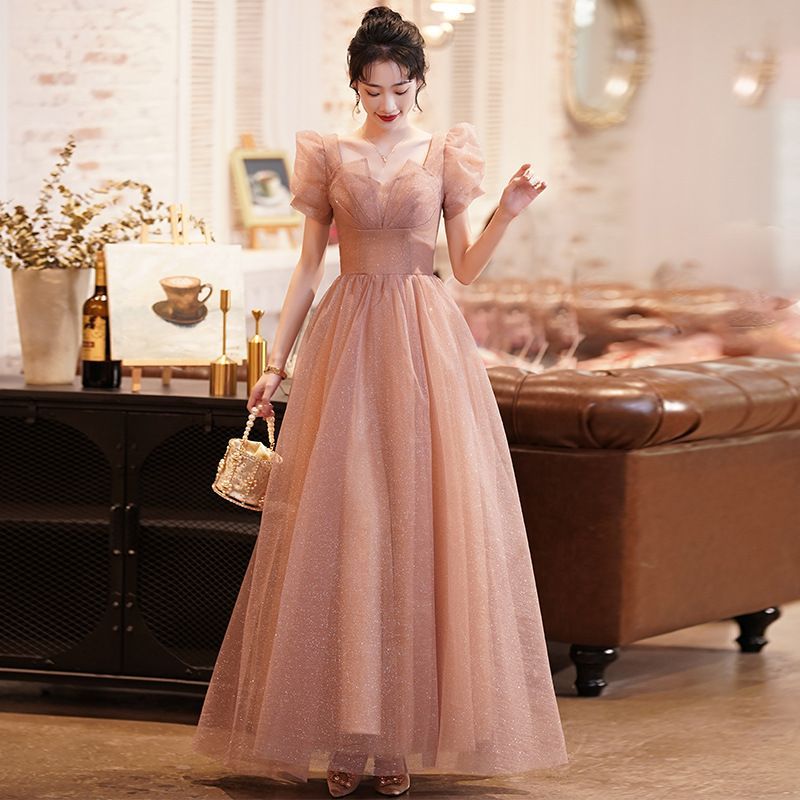 Puff-Sleeve Mesh A-Line Evening Gown