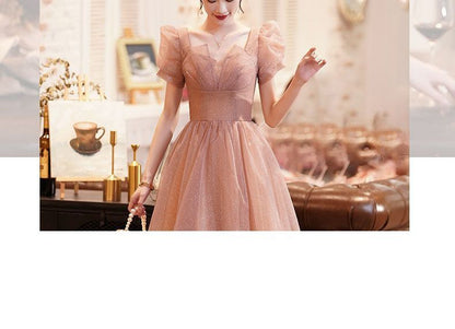 Puff-Sleeve Mesh A-Line Evening Gown