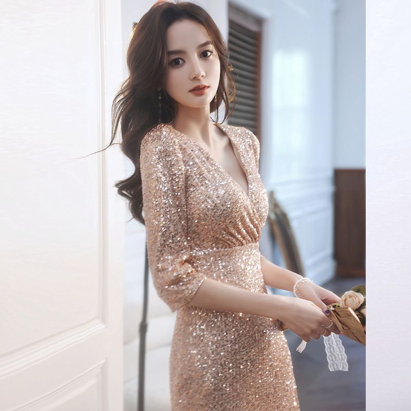 3/4-Sleeve Sequined Sheath Evening Gown
