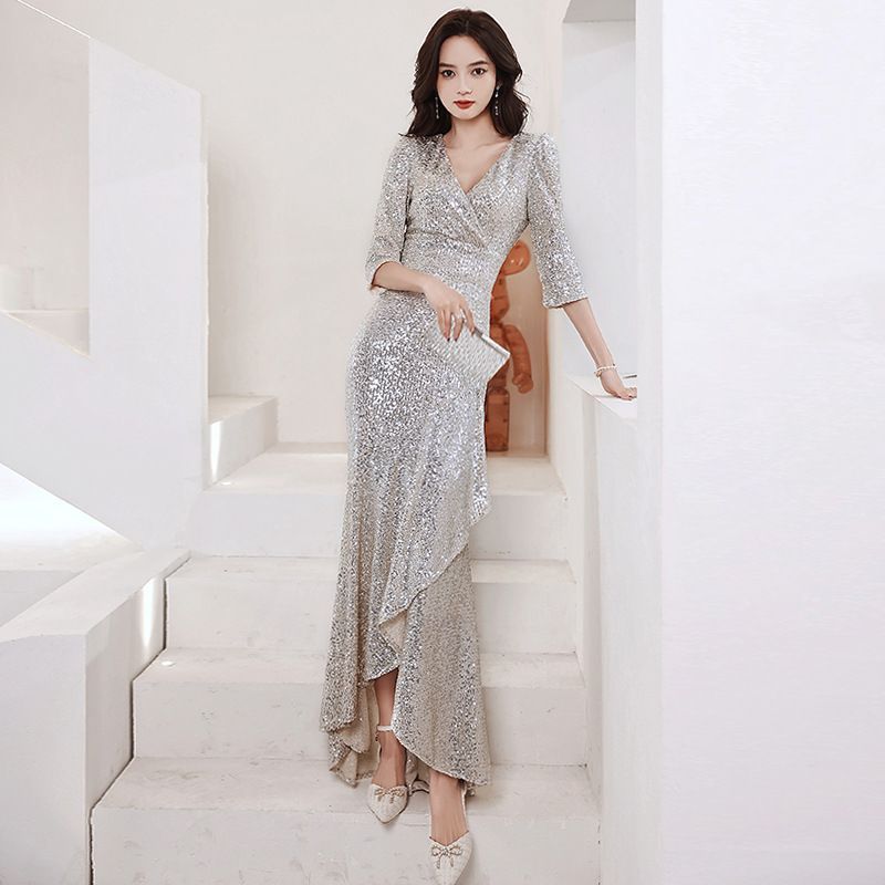 3/4-Sleeve Sequined Sheath Evening Gown