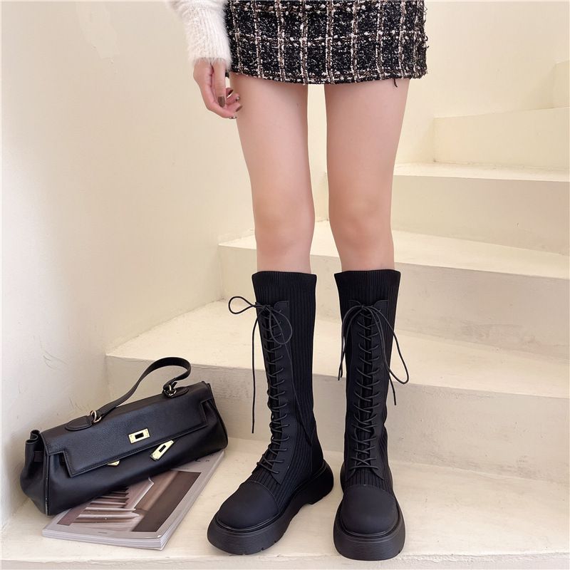 Panel Lace-Up Boots Platform Tall Knit