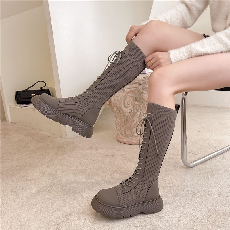 Panel Lace-Up Boots Platform Tall Knit