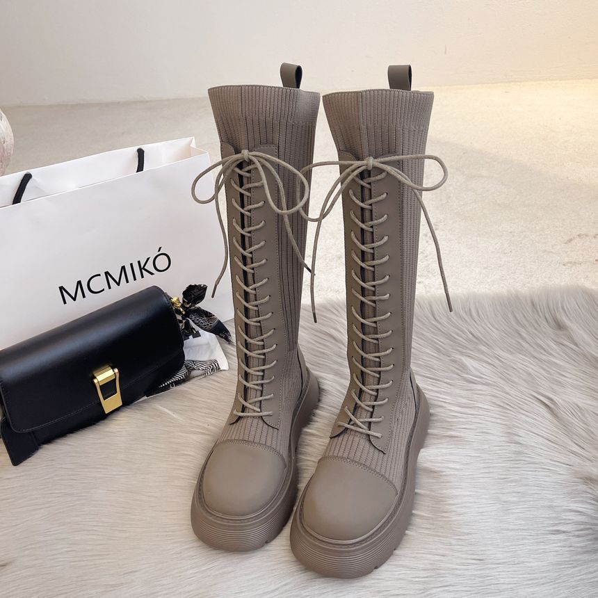 Panel Lace-Up Boots Platform Tall Knit