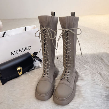 Panel Lace-Up Boots Platform Tall Knit