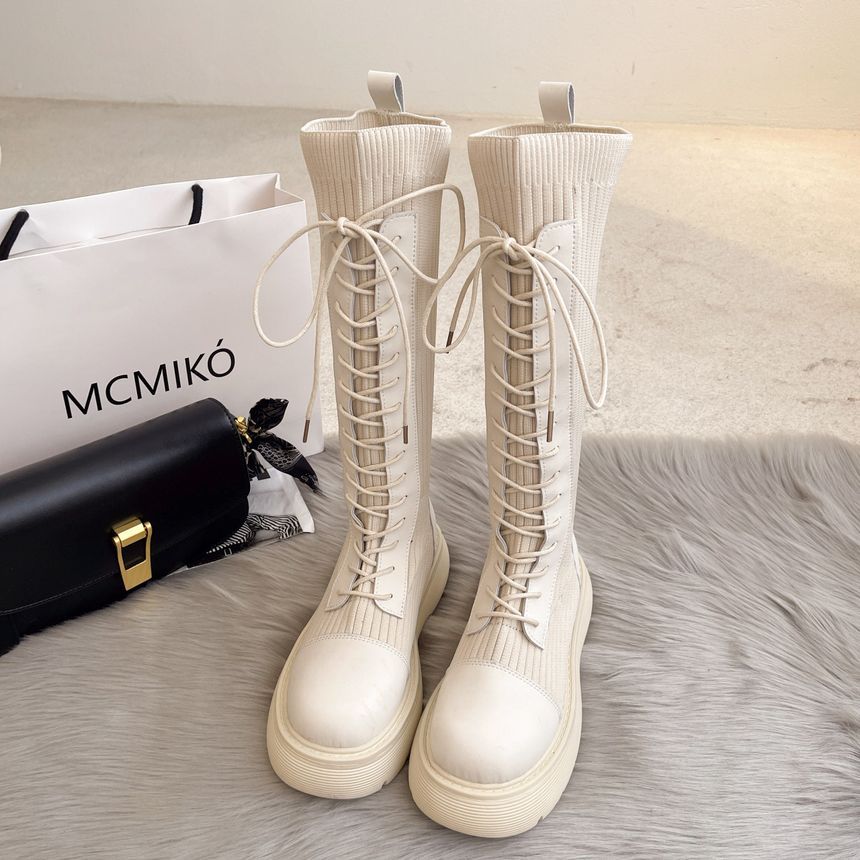 Panel Lace-Up Boots Platform Tall Knit