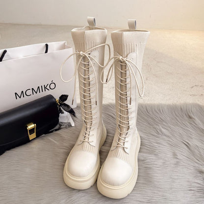 Panel Lace-Up Boots Platform Tall Knit