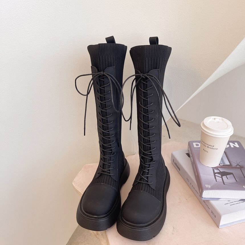 Panel Lace-Up Boots Platform Tall Knit