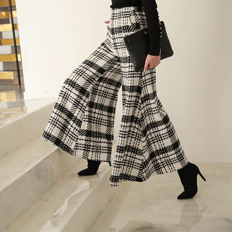 Plaid  Bell-Bottom Woolen Pants