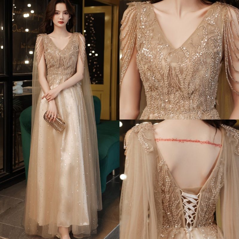 V-Neck Mesh A-Line Evening Gown