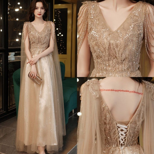 V-Neck Mesh A-Line Evening Gown