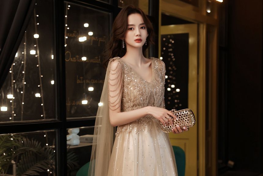 V-Neck Mesh A-Line Evening Gown