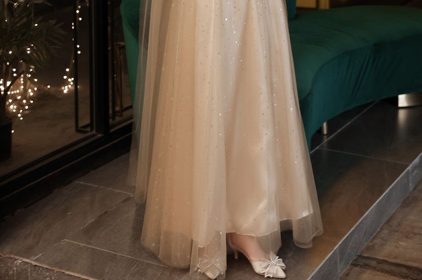 V-Neck Mesh A-Line Evening Gown