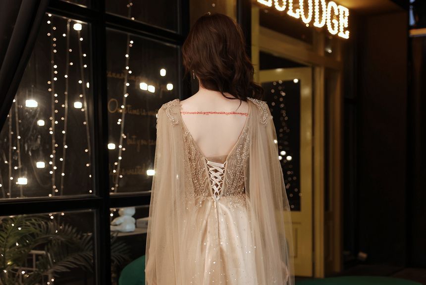 V-Neck Mesh A-Line Evening Gown