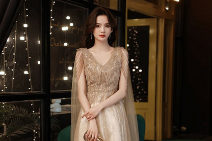 V-Neck Mesh A-Line Evening Gown