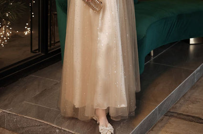 V-Neck Mesh A-Line Evening Gown