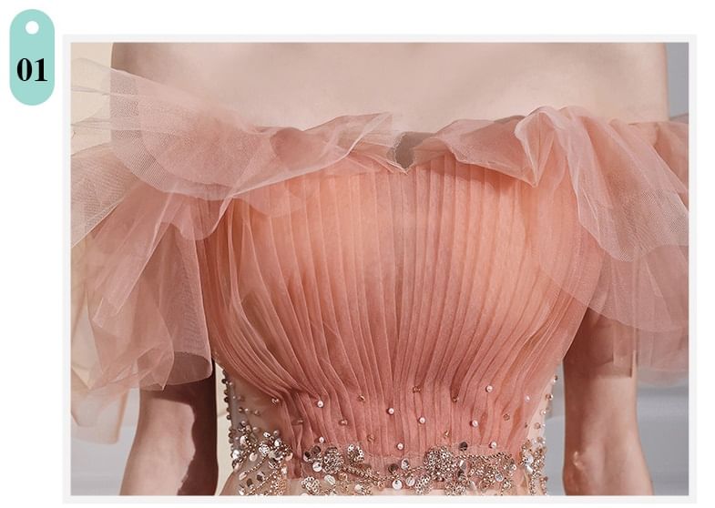 Off-Shoulder Mesh A-Line Evening Gown / Cocktail Dress