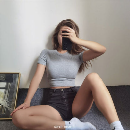 Cropped Top Plain Short-Sleeve