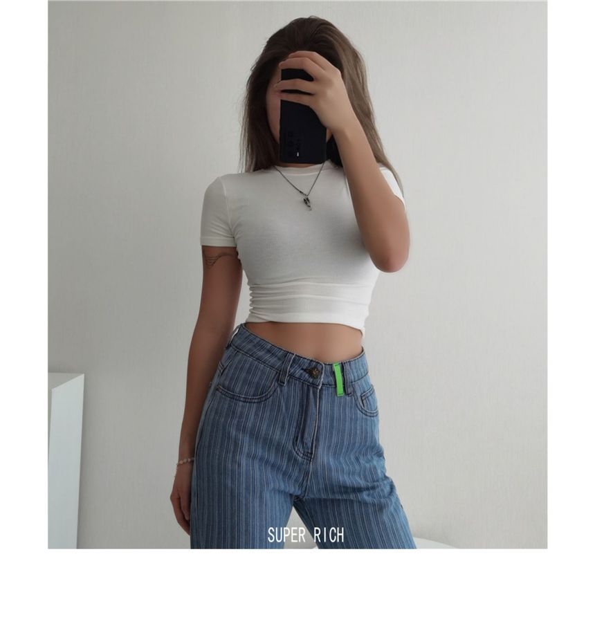 Cropped Top Plain Short-Sleeve